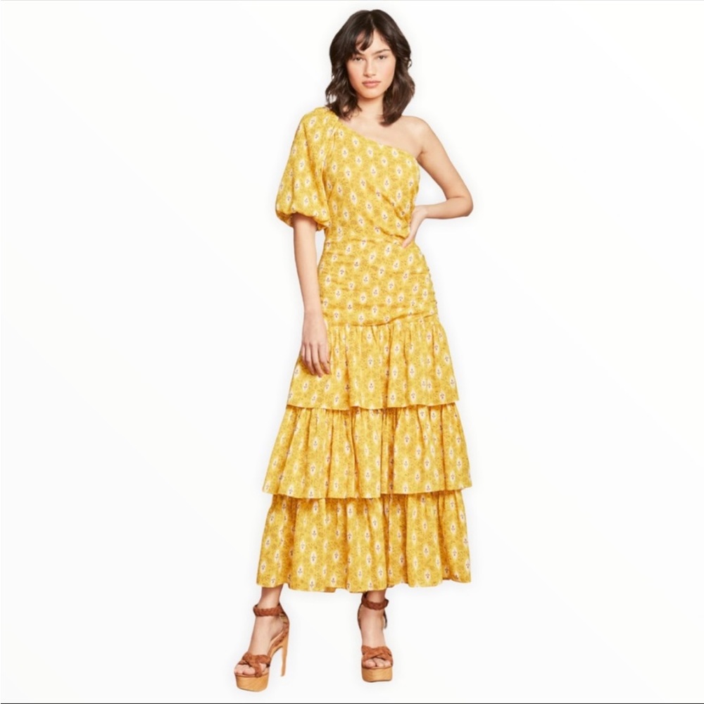 NWT Veronica Beard Virginia One-Shoulder Yellow Cotton/Silk Ruffle Dress, sz 14